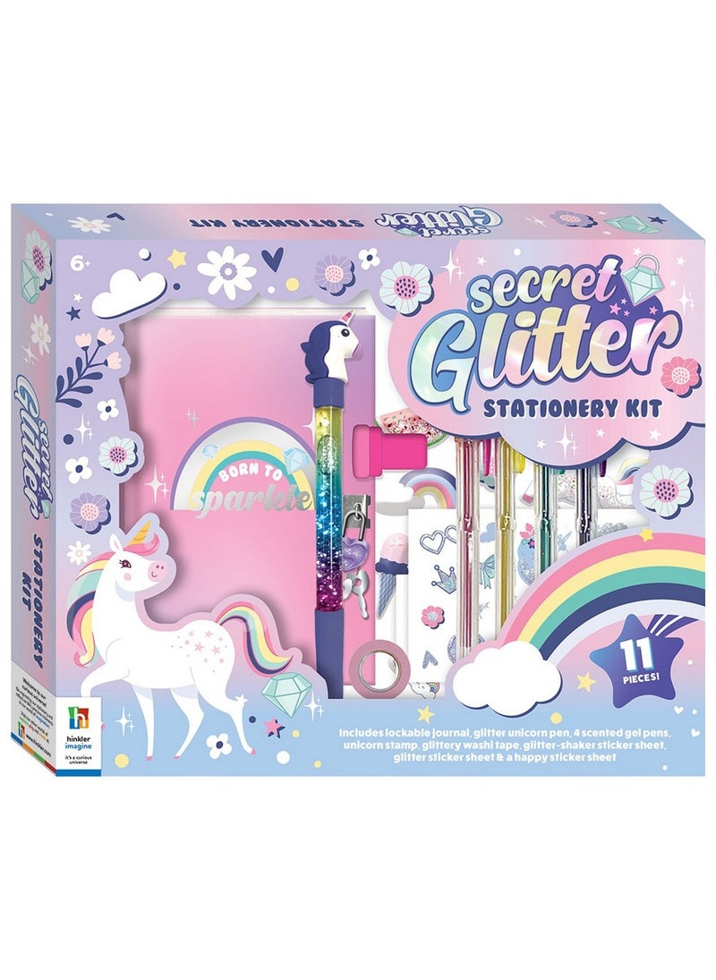 Hinkler مجموعة هينكلر السرية لقرطاسية الجليتر - مجموعة قرطاسية DIY مع دفتر قفل، قلم يونيكورن لامع، 4 أقلام جل معطرة، طابع يونيكورن، شريط لاصق لامع، ورقة ملصقات مع جليتر والمزيد، مشاريع فنية لامعة، مثالية للدفاتر والرسائل - Image 1