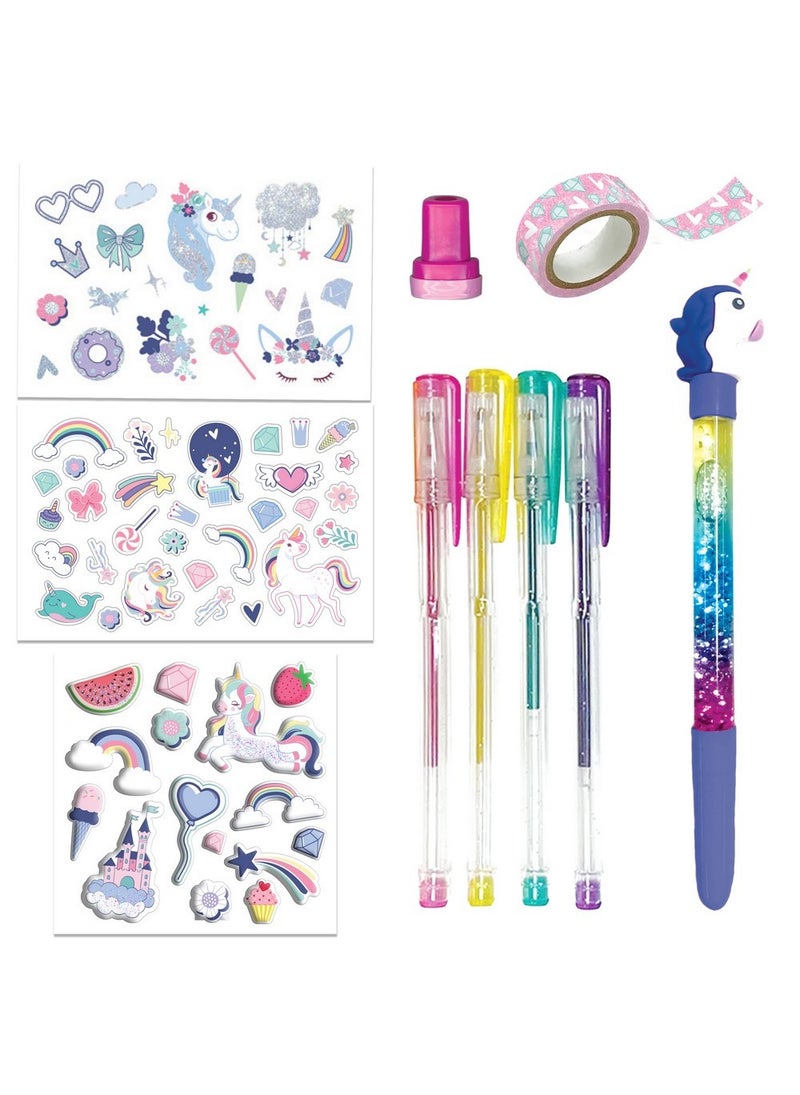Hinkler مجموعة هينكلر السرية لقرطاسية الجليتر - مجموعة قرطاسية DIY مع دفتر قفل، قلم يونيكورن لامع، 4 أقلام جل معطرة، طابع يونيكورن، شريط لاصق لامع، ورقة ملصقات مع جليتر والمزيد، مشاريع فنية لامعة، مثالية للدفاتر والرسائل - Image 2