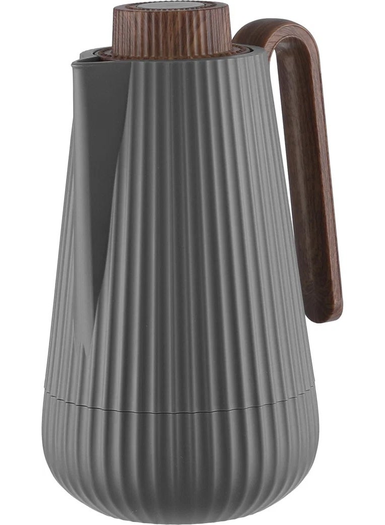 Glory Thermos, 1 liter, wooden handle, glass interior, push-button - dark gray wood finish - Image 3