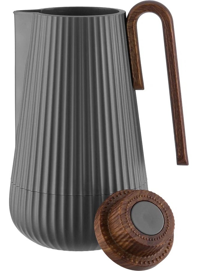 Glory Thermos, 1 liter, wooden handle, glass interior, push-button - dark gray wood finish - Image 4