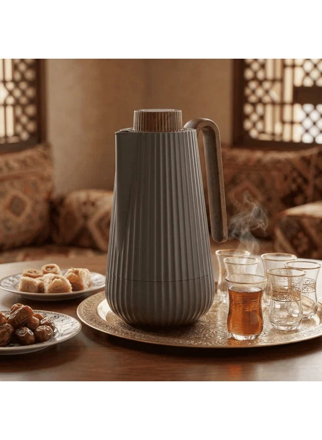 Glory Thermos, 1 liter, wooden handle, glass interior, push-button - dark gray wood finish - Image 1