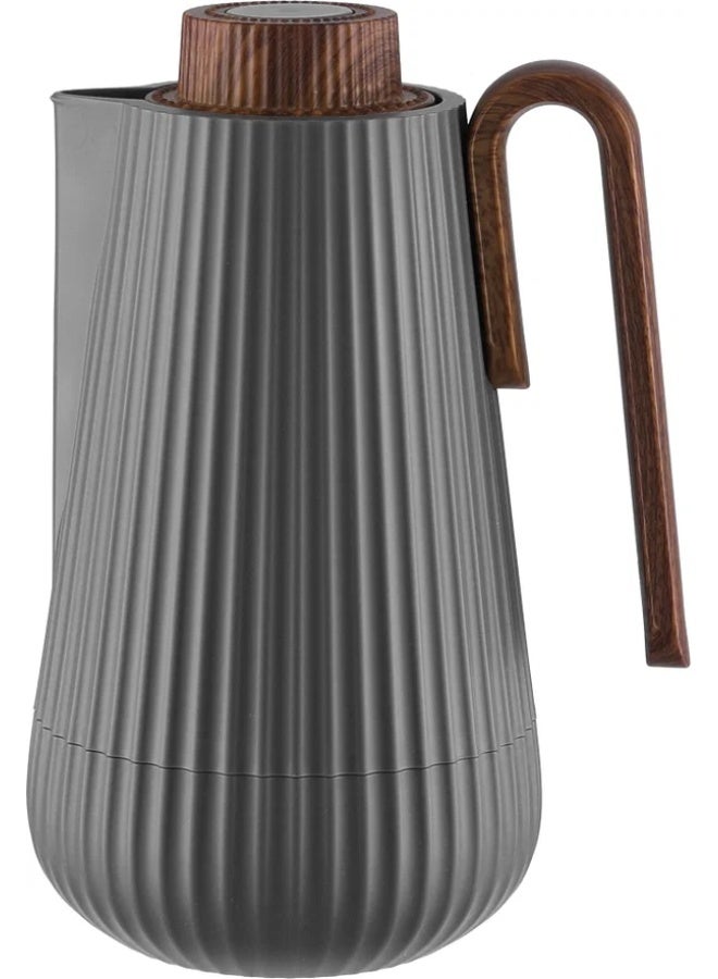 Glory Thermos, 1 liter, wooden handle, glass interior, push-button - dark gray wood finish - Image 2