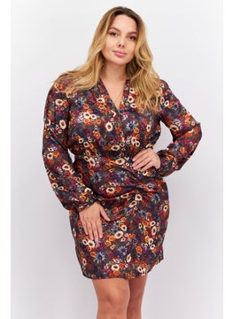 promod Women Floral Pattern Mini Dress, Grey Combo  - Image 1
