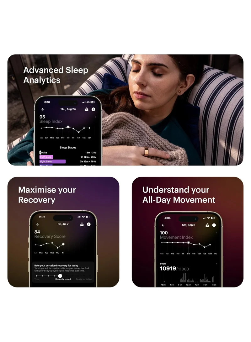 التراهيومان ساعة Ring AIR لتتبع النوم المتقدم، مراقبة HRV ودرجة الحرارة، تتبع التمارين والحركة والتعافي، مقاومة للماء، بطارية تدوم 6 أيام مع اشتراك مجاني مدى الحياة (مقاس 5) - فضي