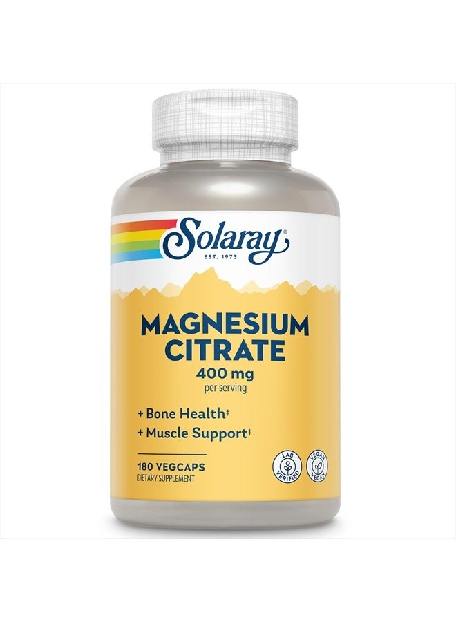 Solaray Magnesium Citrate 400mg - Bone Strength, Muscle Recovery, and Digestion Support - Herbal Base - Vegan, Lab Verified, 60-Day Money-Back Guarantee - 60 Servings, 180 VegCaps - Image 1