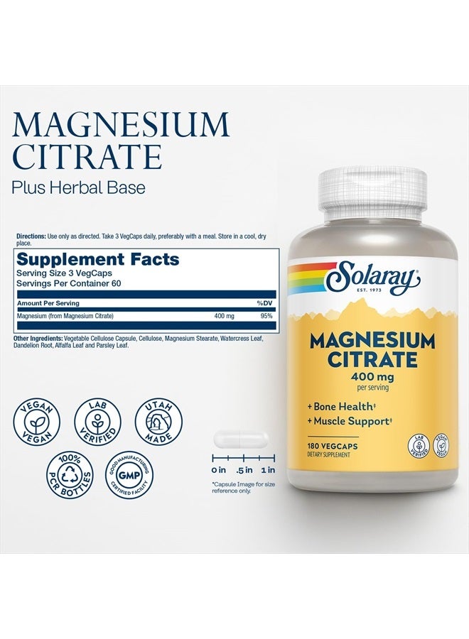 Solaray Magnesium Citrate 400mg - Bone Strength, Muscle Recovery, and Digestion Support - Herbal Base - Vegan, Lab Verified, 60-Day Money-Back Guarantee - 60 Servings, 180 VegCaps - Image 2