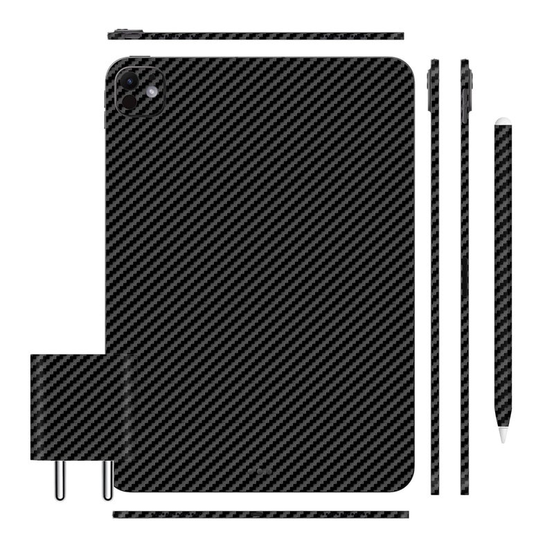 Tablet Skins Compatible with iPad Pro 11 M4 2024, Anti-Scratch Vinyl Decal Skin, Protective Film, Not Case/Cover (Carbon Fibre Black, Full Body Skin + iPad Pencil 2 Skin + Charger Skin)