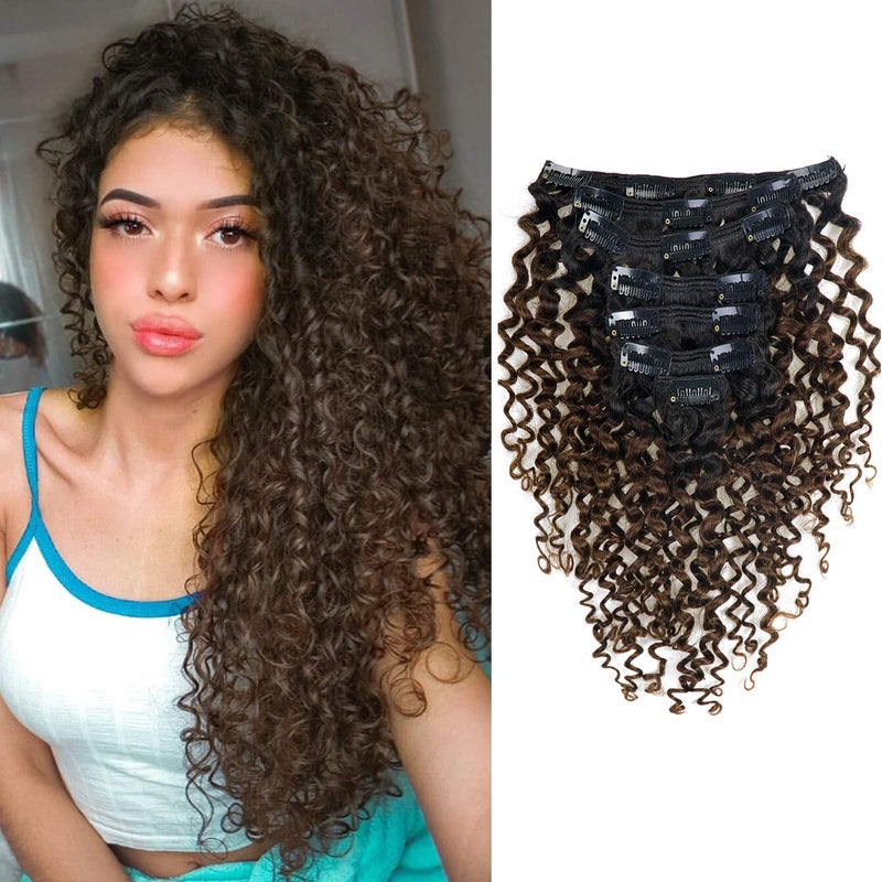 Caliee 22Inch Clip in Hair Extension Jerry Curly Double Weft Human Hair 3B 3C Curly Ombre Color Natural Hair Black Color into 4 Dark Brown Color 120Gram with 7 Pieces 17 Clips Per Pack