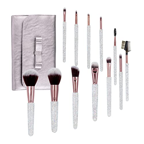 Makeup Brushes Bling Crystal Professional Face Cosmetics Blending Liquid Foundation Powder Concealer Eye Shadows Make Up Beauty Tool Glitter with Pouch Bag Kit Purely Handmade 12PCS White