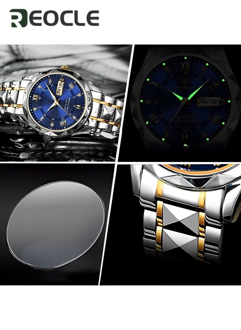 REOCLE Men's Quartz Watch Business Dress Analog Wrist Watch  with Diamond Dial & Stainless Steel Strap & Luminous Pointer & Date & Daily Waterproof  - Image 3