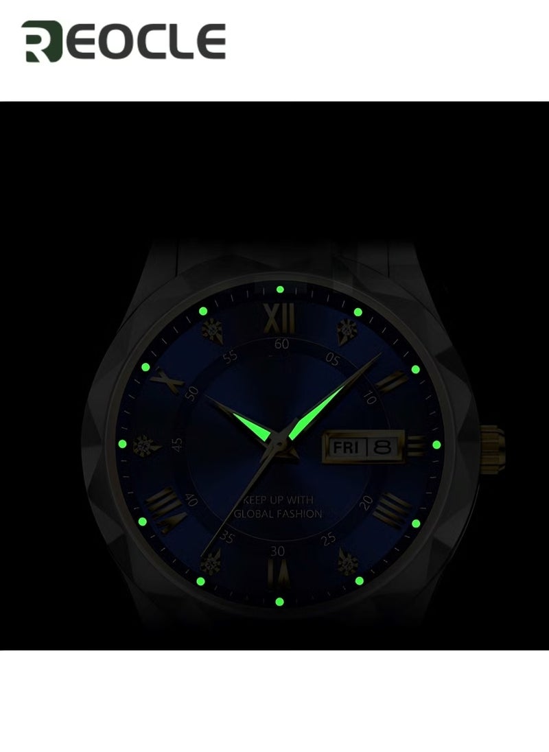 REOCLE Men's Quartz Watch Business Dress Analog Wrist Watch  with Diamond Dial & Stainless Steel Strap & Luminous Pointer & Date & Daily Waterproof  - Image 4