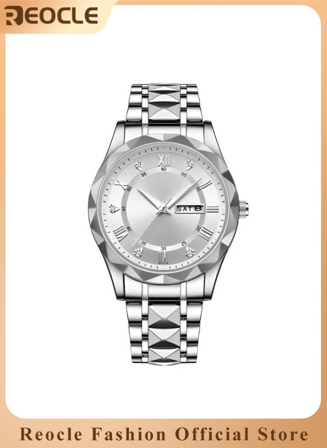 REOCLE Men's Quartz Watch Business Dress Analog Wrist Watch  with Diamond Dial & Stainless Steel Strap & Luminous Pointer & Date & Daily Waterproof  - Image 1