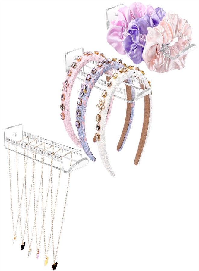 KASTWAVE Headband Holder Scrunchie Holder Wall Hanging, 3 Pcs Acrylic Jewelry Necklace Organizer Necklace Bracelet Claw Clip Holder Hair Accessories Storage for Women and Girls - Image 1