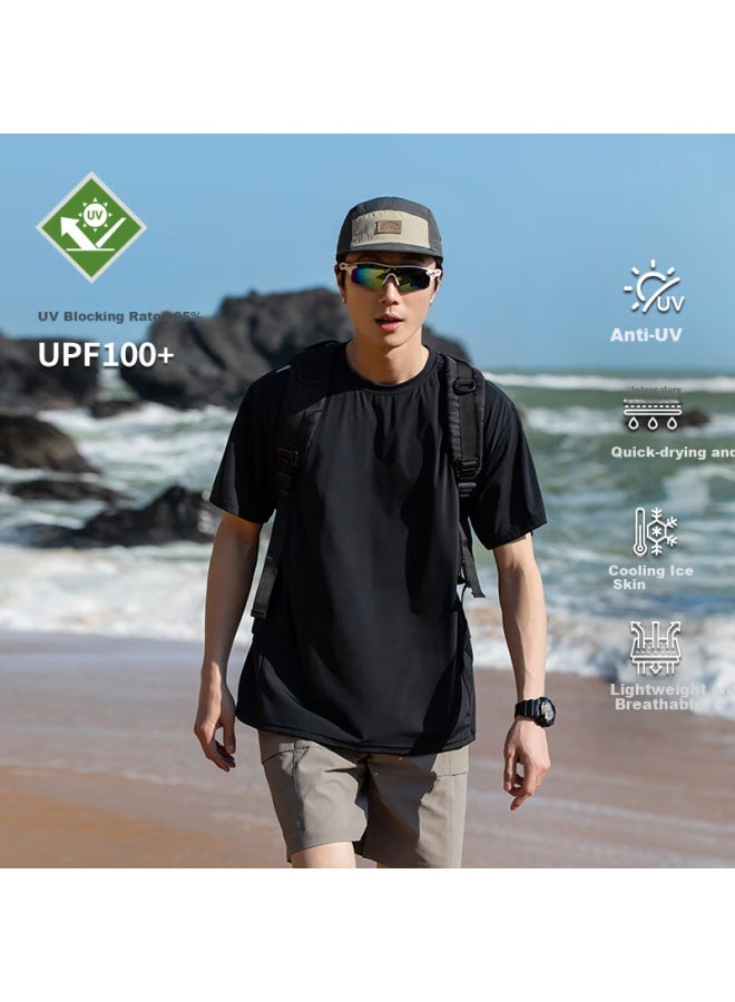 Homlean Outdoor Ice Feeling Short Sleeve Men's Spring And Summer Sunscreen Quick-drying Sports Versatile Riding Top Hz02 Obsidian Black M - Image 1