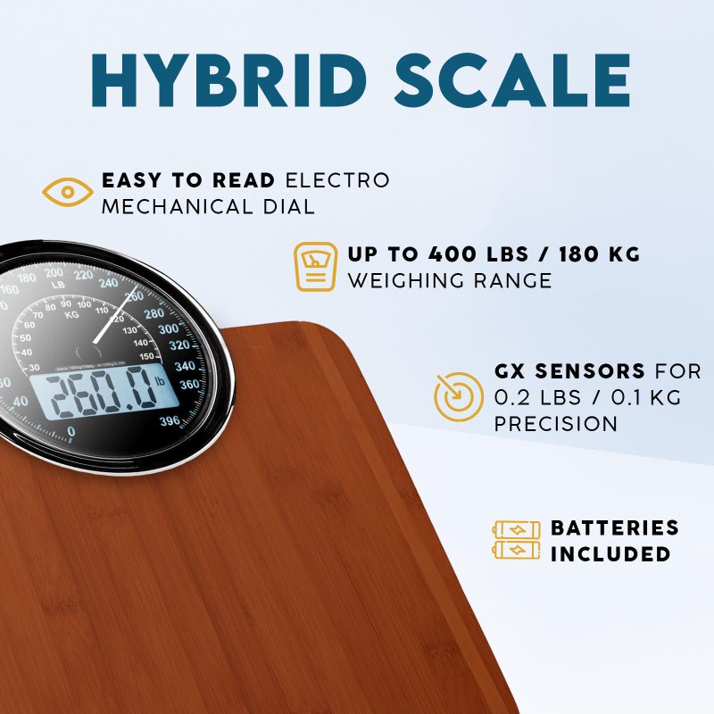 ZENO Hybrid 2-in-1 Analog & Digital Weighing Scale for Body Weight up to 400lbs - Thick Tempered Glass - Extra Large Display - Easy to Read Digital Bathroom Scale - New - Dark Wood - Image 2