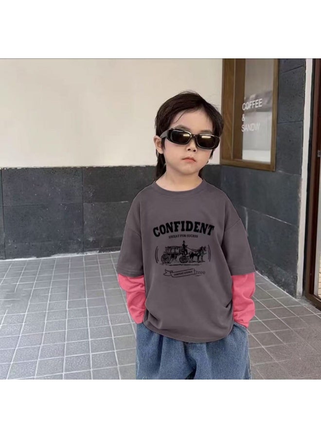 Boys And Girls Spring And Autumn Fashion Long Sleeve Children's Wear Versatile Fake Two-piece Stylish Round Neck Korean Style Autumn Print Outerwear - Image 1