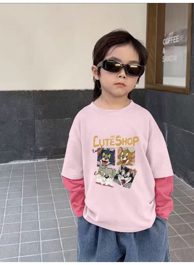 Boys And Girls Spring And Autumn Fashion Long Sleeve Children's Wear Versatile Fake Two-piece Stylish Round Neck Korean Style Autumn Print Outerwear - Image 4