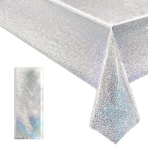 Just Shimmer 1 pcs Silver Holographic Tablecloths Shiny Disco Laser Table Cloths 40" x 108" Iridescence Plastic White Table Cover for Birthday Party Decoration Wedding Christmas Winter Grad Party Supplies - Image 1