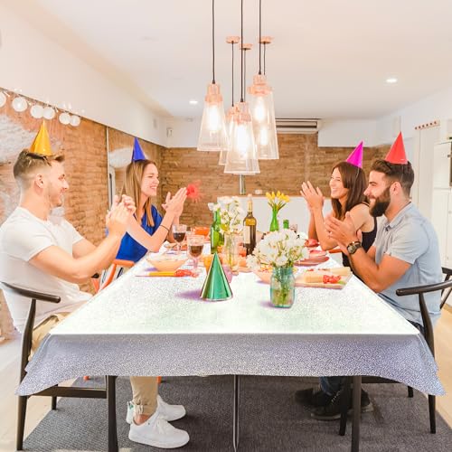 Just Shimmer 1 pcs Silver Holographic Tablecloths Shiny Disco Laser Table Cloths 40" x 108" Iridescence Plastic White Table Cover for Birthday Party Decoration Wedding Christmas Winter Grad Party Supplies - Image 3