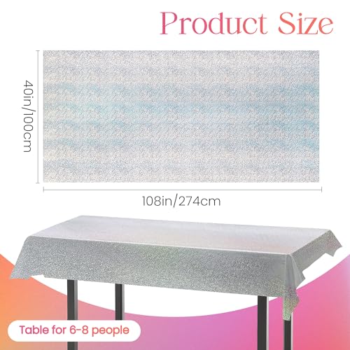 Just Shimmer 1 pcs Silver Holographic Tablecloths Shiny Disco Laser Table Cloths 40" x 108" Iridescence Plastic White Table Cover for Birthday Party Decoration Wedding Christmas Winter Grad Party Supplies - Image 2