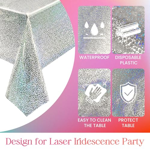 Just Shimmer 1 pcs Silver Holographic Tablecloths Shiny Disco Laser Table Cloths 40" x 108" Iridescence Plastic White Table Cover for Birthday Party Decoration Wedding Christmas Winter Grad Party Supplies - Image 5