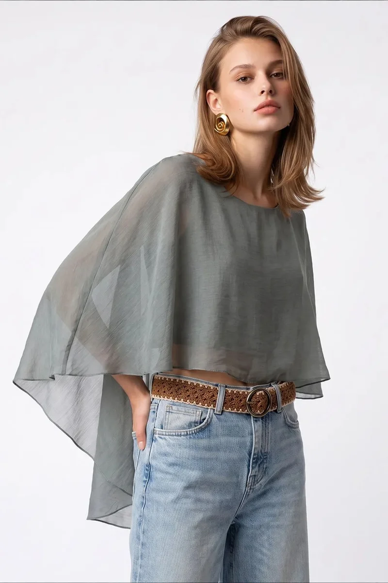 ميكسراي MIXRAY Loose Chiffon Crew Neck Blouse