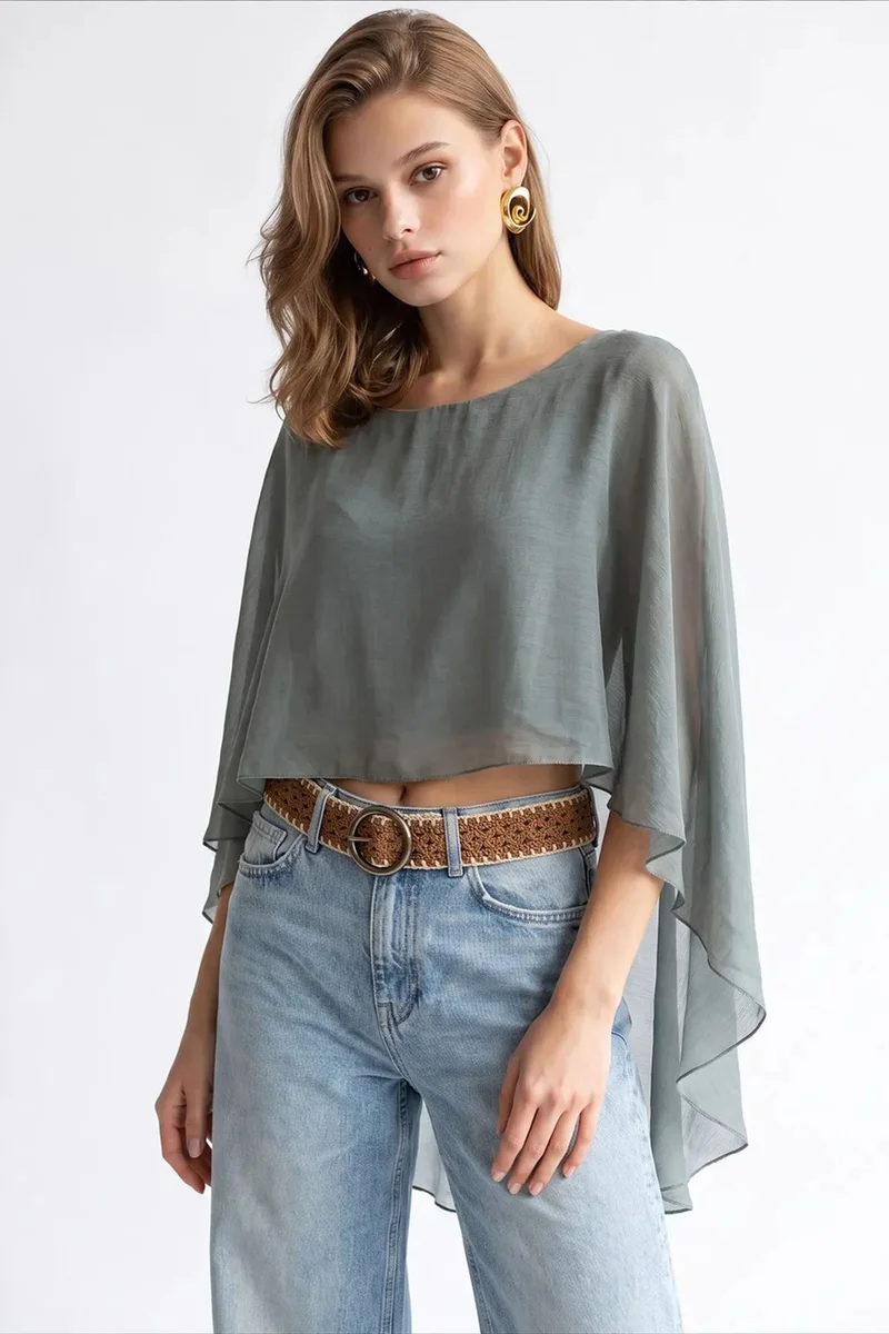 ميكسراي MIXRAY Loose Chiffon Crew Neck Blouse