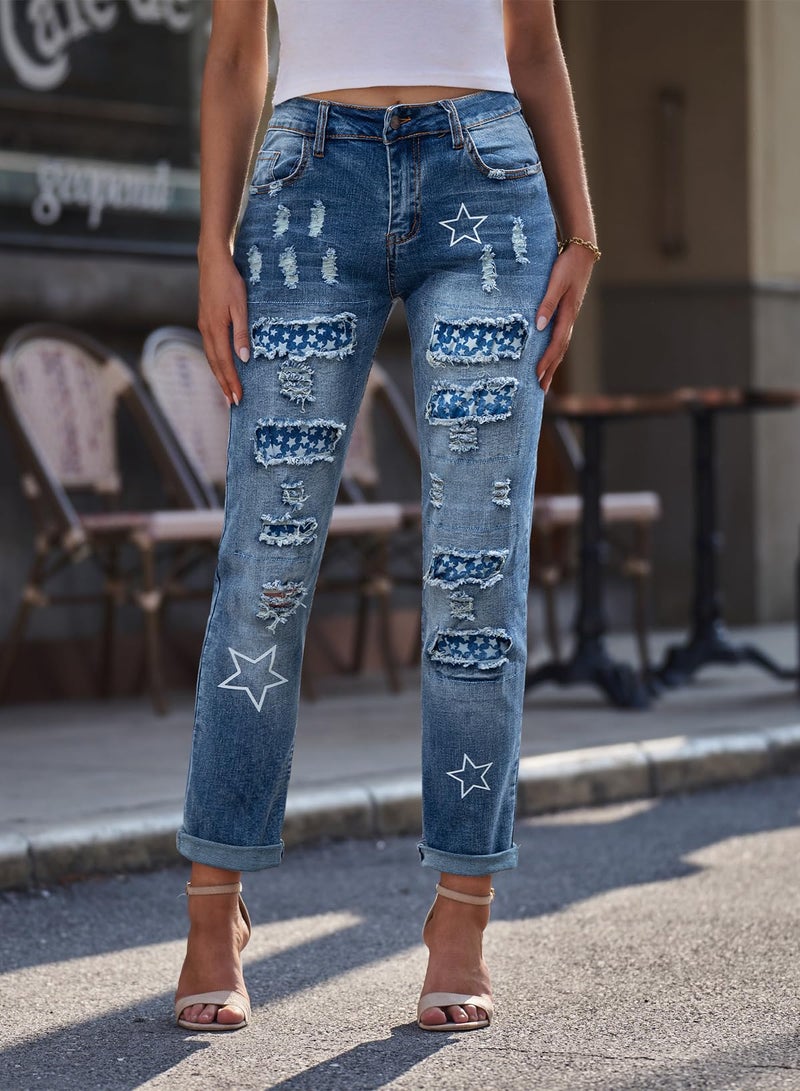 EVALESS Ripped Jeans for Women Boyfriend Distressed Embroidered Patchwork Print Mom Jeans 2025 Fashion Wide Leg Losse Baggy Star Denim Cropped Pants with Hole Blue Medium - Image 2