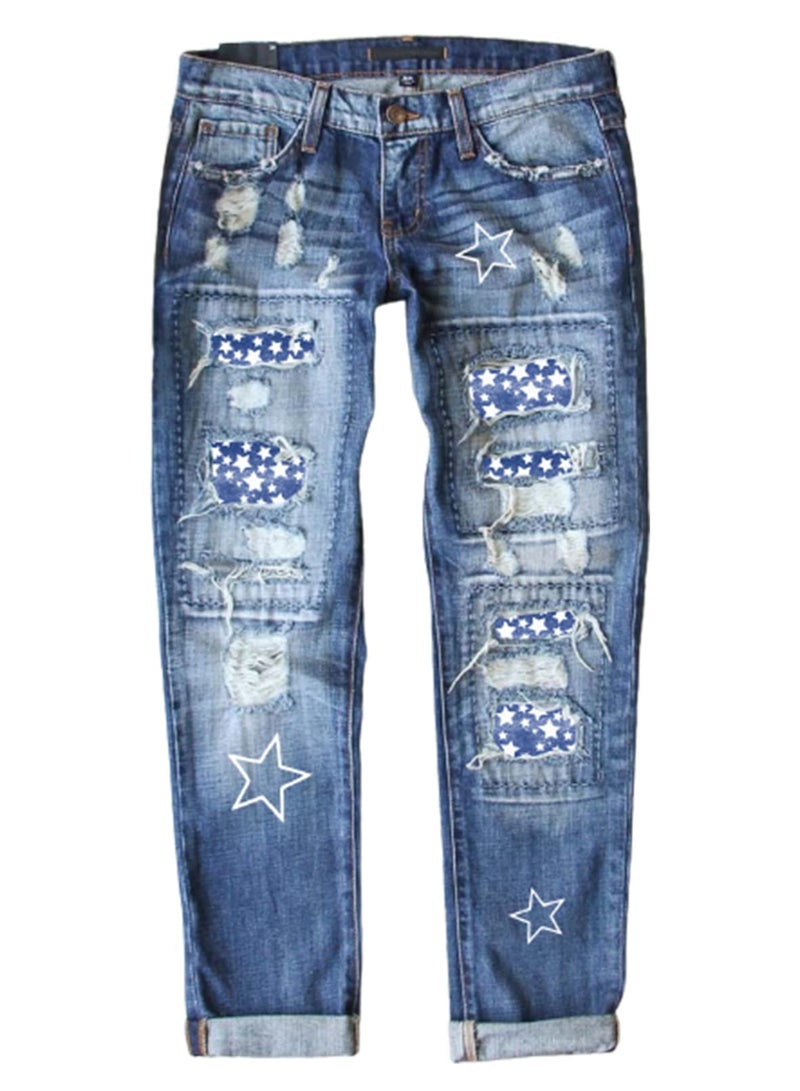 EVALESS Ripped Jeans for Women Boyfriend Distressed Embroidered Patchwork Print Mom Jeans 2025 Fashion Wide Leg Losse Baggy Star Denim Cropped Pants with Hole Blue Medium - Image 1