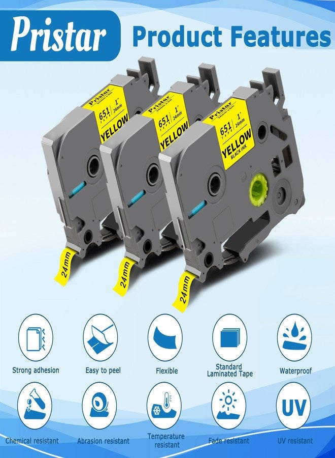 Pristar Compatible Label Tape Replacement for TZe-651 Tze651 TZ651 Black on Yellow Laminated TZ Tape for Brother PT-P700 PT-P710BT PTD600VP PTP750W PT273 Label Maker, 24mm 1' x 26.2 Ft (8m), 3-Pack - Image 5