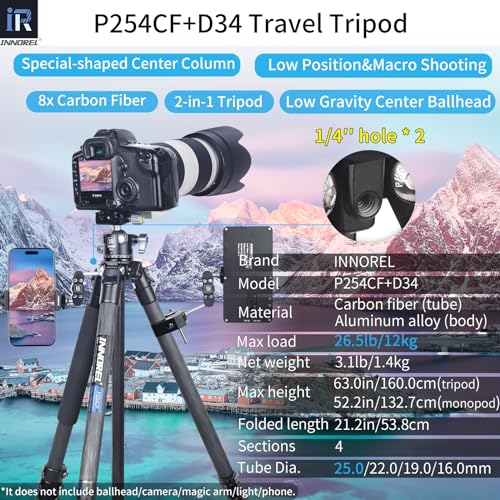 INNOREL P254CF 63" Carbon Fiber Travel Tripod,Professional Compact Camera Tripod Stand for Digital DSLR Travel with Low Gravity Center Ball Head Special-Shaped Center Column Max Load 26.5 lbs/12 kg - Image 2