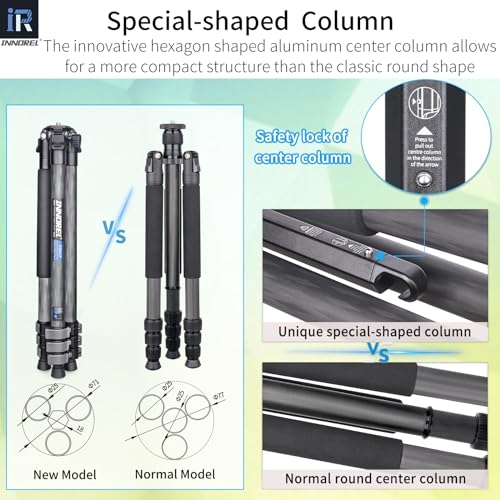 INNOREL P254CF 63" Carbon Fiber Travel Tripod,Professional Compact Camera Tripod Stand for Digital DSLR Travel with Low Gravity Center Ball Head Special-Shaped Center Column Max Load 26.5 lbs/12 kg - Image 3