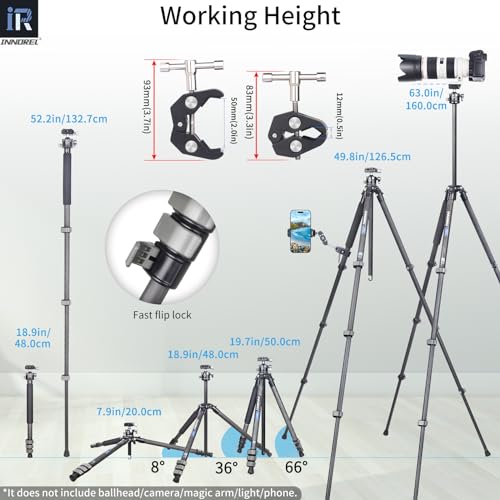 INNOREL P254CF 63" Carbon Fiber Travel Tripod,Professional Compact Camera Tripod Stand for Digital DSLR Travel with Low Gravity Center Ball Head Special-Shaped Center Column Max Load 26.5 lbs/12 kg - Image 5