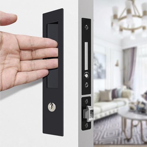 Eegoowa Pocket Door Locks, Edge pulls, Hidden Handles, Pocket Door Locks with Keys, Pocket Door Hardware, Sliding Door Hardware, for Doors 1 5/13" to 2 2/8" Thick (Black, Key Type) - Image 3