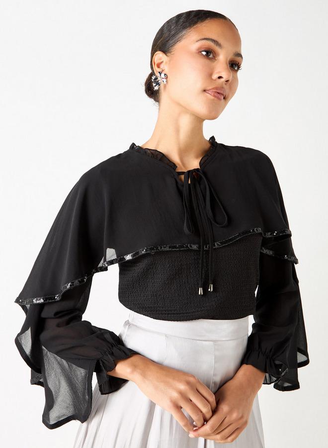 2Xtremz Textured Cape Top with Tie-Up Detail and Long Sleeves - Image 1