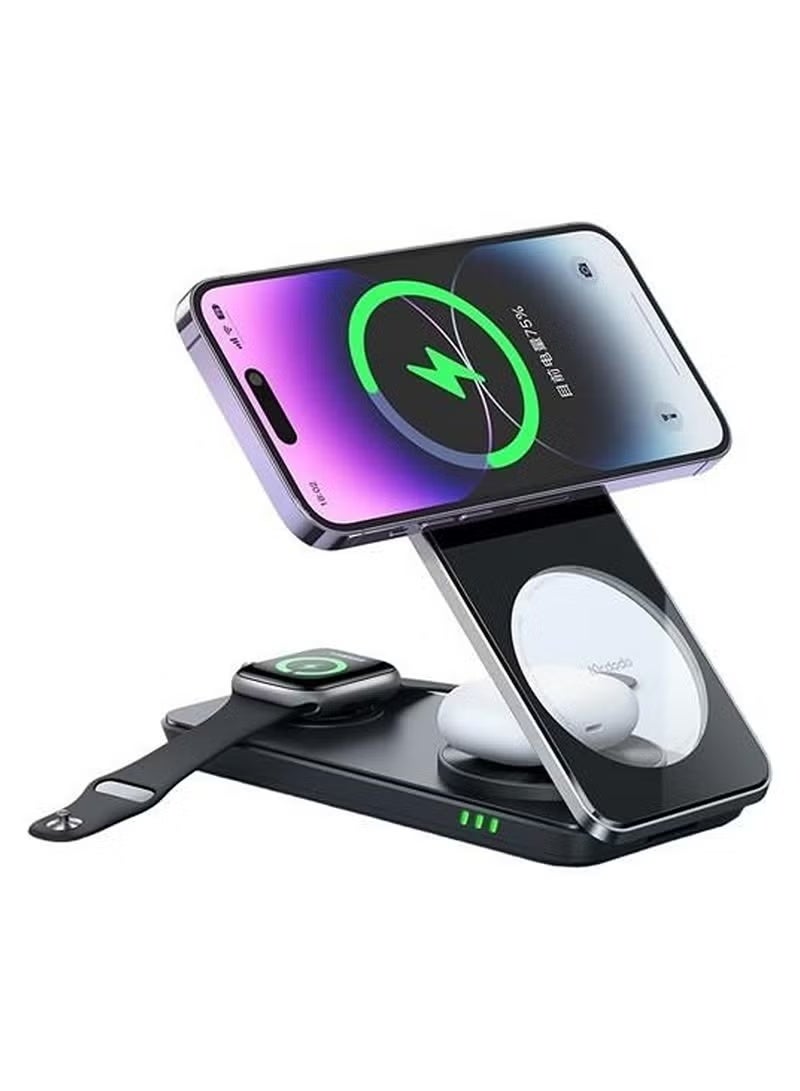 مكدودو حامل شحن لاسلكي مغناطيسي 3 في 1 - حامل هاتف، شاحن لاسلكي لأجهزة iPhone وSamsung وApple Watch وAirPods، شحن سريع، تصميم صغير الحجم، متوافق مع الهواتف التي تدعم تقنية Qi، مثالي للمكتب أو المنضدة الجانبية - أسود - Image 1