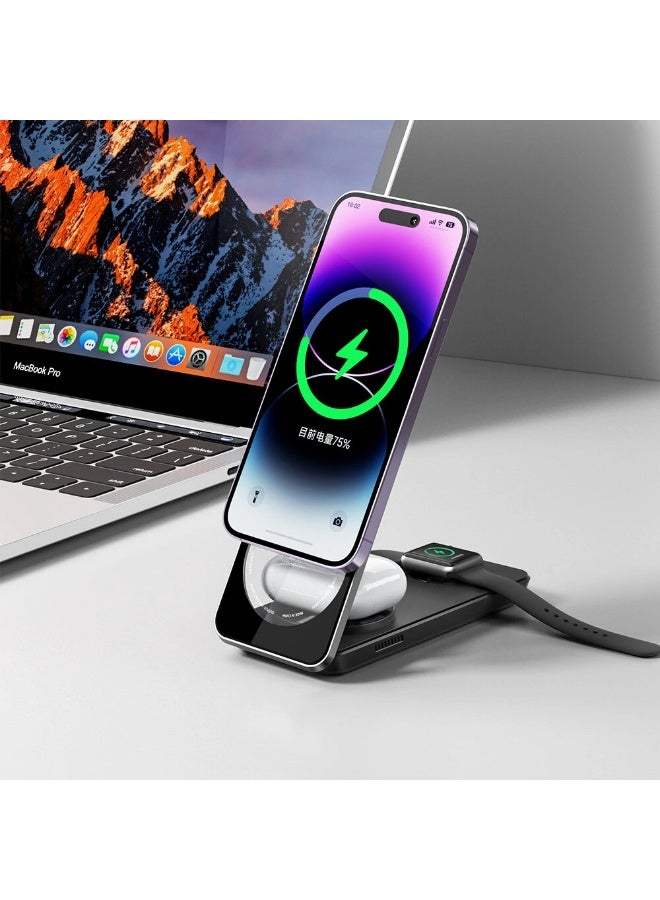 مكدودو حامل شحن لاسلكي مغناطيسي 3 في 1 - حامل هاتف، شاحن لاسلكي لأجهزة iPhone وSamsung وApple Watch وAirPods، شحن سريع، تصميم صغير الحجم، متوافق مع الهواتف التي تدعم تقنية Qi، مثالي للمكتب أو المنضدة الجانبية - أسود - Image 2