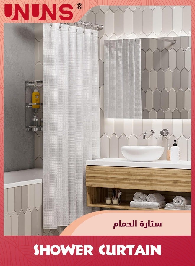 UNUNS ستارة دش، 72x72 بوصة (180x180 سم) ستائر دش للحمام بتصميم ويفل، قماش ستارة دش مقاوم للماء باللون الأبيض مع 12 خطاف، أبيض - Image 2