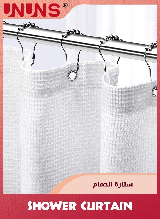 UNUNS ستارة دش، 72x72 بوصة (180x180 سم) ستائر دش للحمام بتصميم ويفل، قماش ستارة دش مقاوم للماء باللون الأبيض مع 12 خطاف، أبيض - Image 1