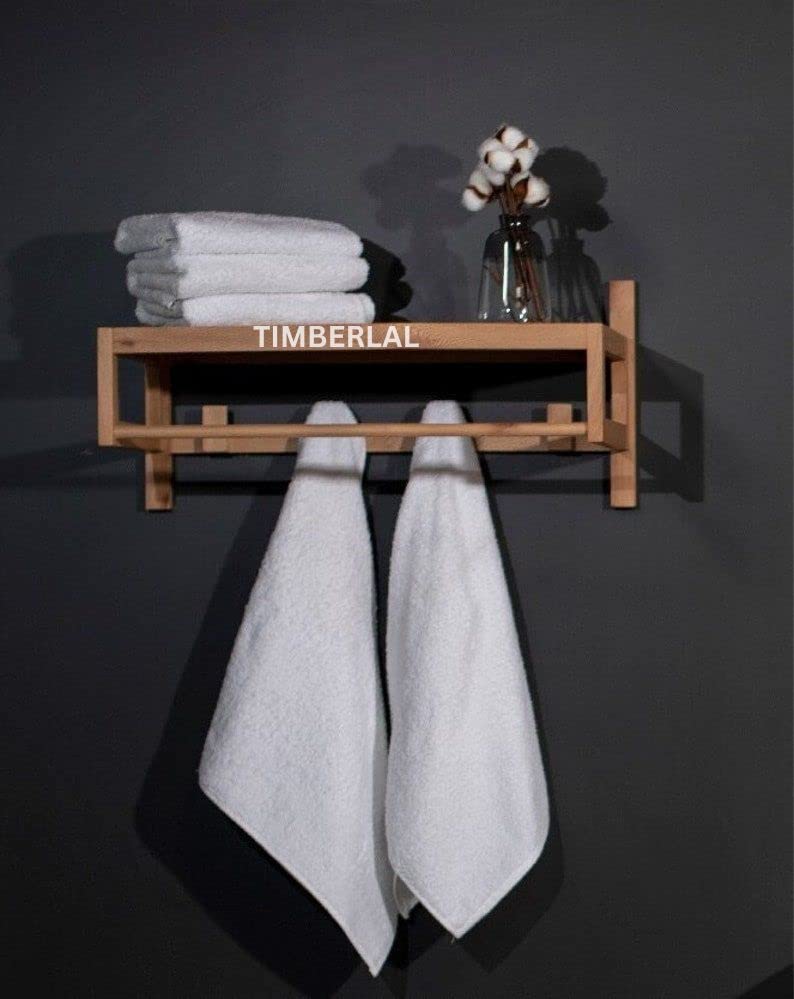 Timberlal Timberlal Wooden Bathroom Towel Rack I Sheesham I Organizer I Peg Coat Rack with Shelf I Bathroom Decor IEntryway Organizer IShelf with Hooks I Towel Rack 27 INCH  - Image 1
