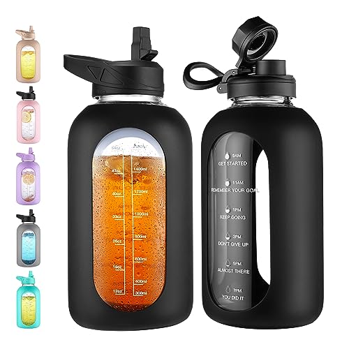 CIVAGO 64 oz Glass Water Bottle Jug with Straw and Handle Half Gallon Sports Motivational Water Bottle with Time Marker Wide Mouth Flask Canteen with Silicone Sleeve for Gym Black