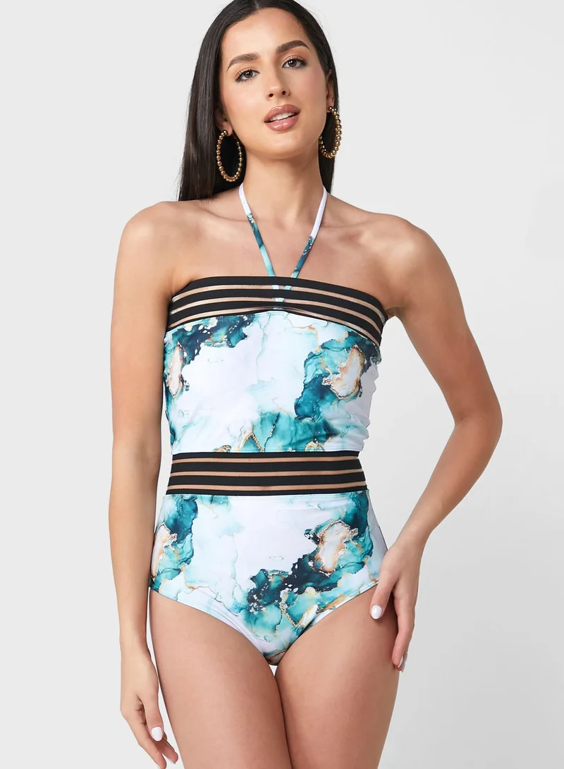 ELLA Printed Swimsuit With Mesh Insert Detail