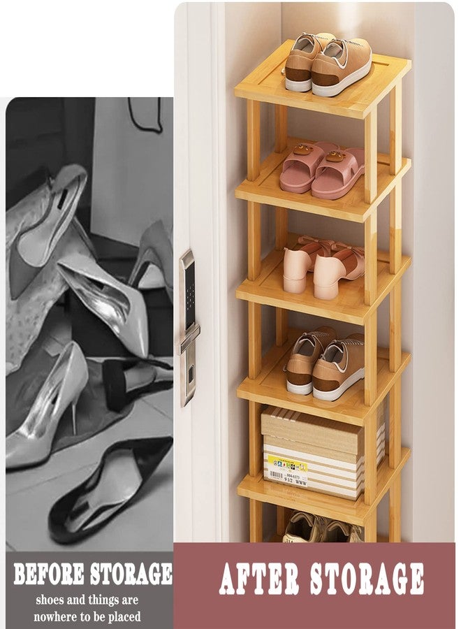 SAN HE Bamboo Shoe Rack - Vertical Shoe Rack for Small Spaces, Tall Narrow Shoe Rack Organizer for Closet Entryway Corner Garage and Bedroom,Skinny Shoe Shelf Free Stackable DIY - Space Saving Storage - Image 4