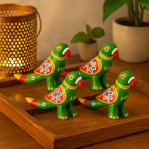 DreamKraft Handcrafted Showpiece Parrot Set of 4 (5x2.5 inch) Green, Paper - Image 3