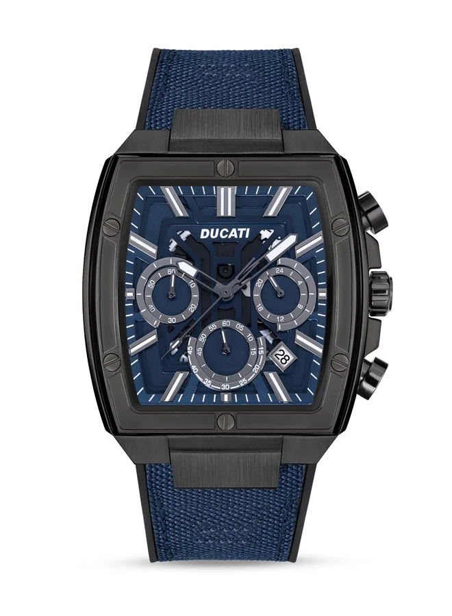 دوكاتي Ducati DT005 Chronograph Watch for Men - Blue Dial with Gun Accents, Leather and Silicone Strap, Water Resistant Up to 50 Meters, 40MM Case, Multi-Layered Design