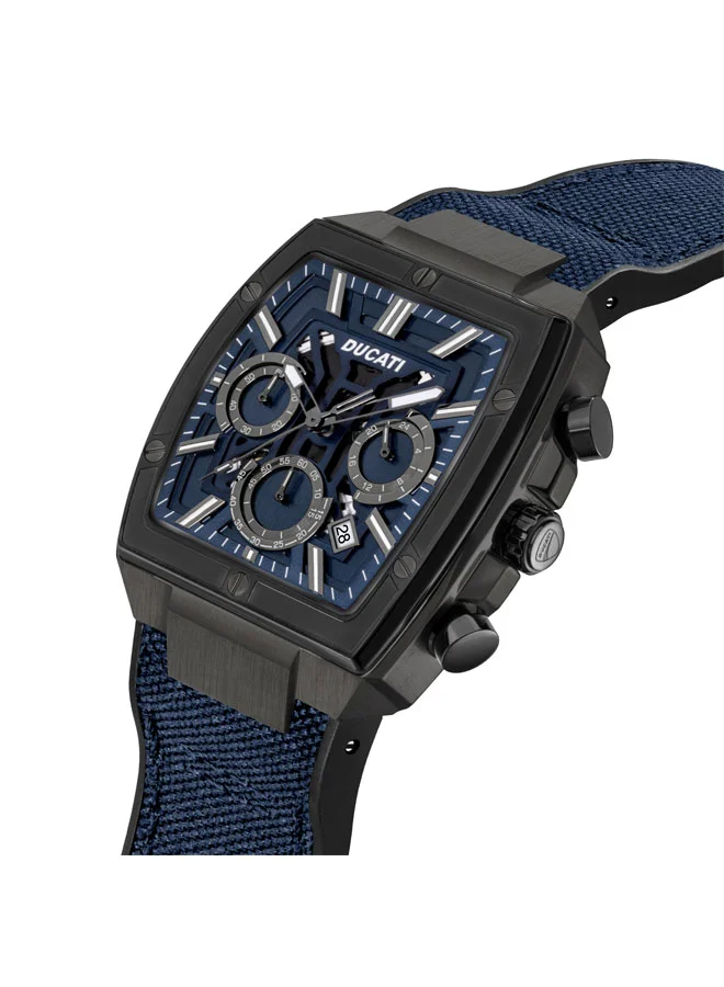 دوكاتي Ducati DT005 Chronograph Watch for Men - Blue Dial with Gun Accents, Leather and Silicone Strap, Water Resistant Up to 50 Meters, 40MM Case, Multi-Layered Design