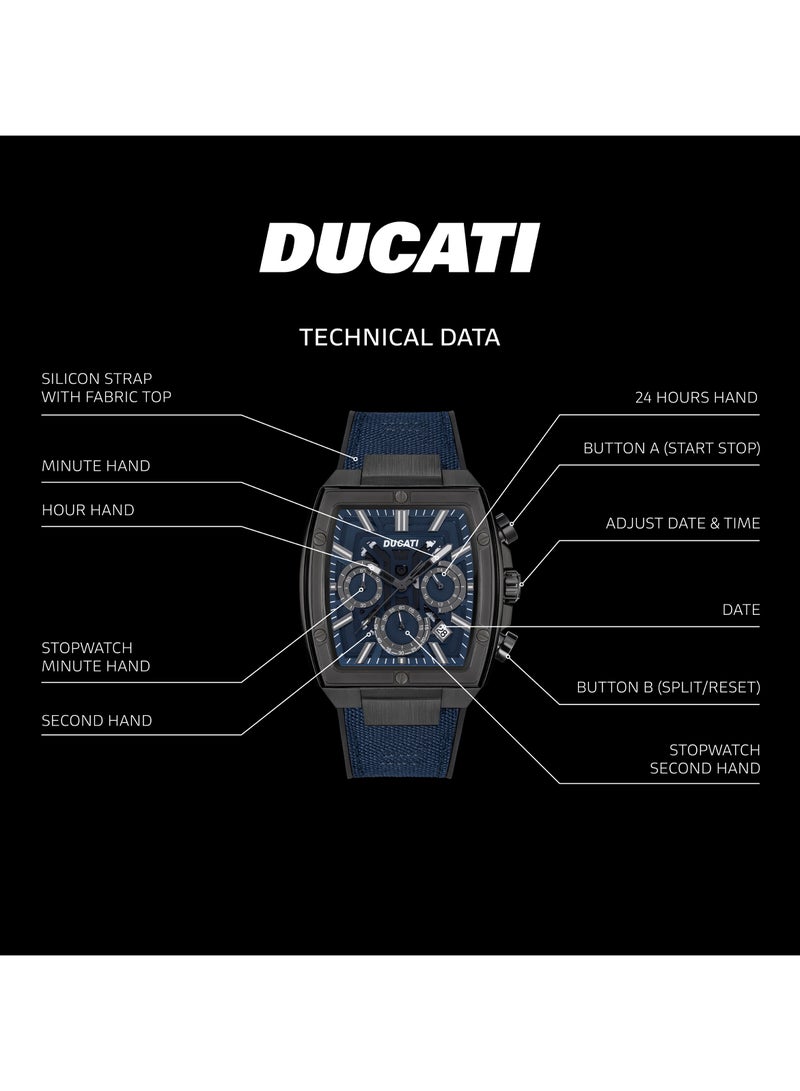 Ducati DT005 Chronograph Watch for Men - Blue Dial with Gun Accents, Leather and Silicone Strap, Water Resistant Up to 50 Meters, 40MM Case, Multi-Layered Design - Image 4