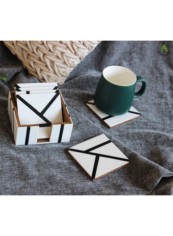 Monstera Hut Monstera Hut ® Square Shape Wooden & Resin Coaster | White Coaster for Tea, Coffee Table & Dining Table Set of 6 with Holder - Image 3