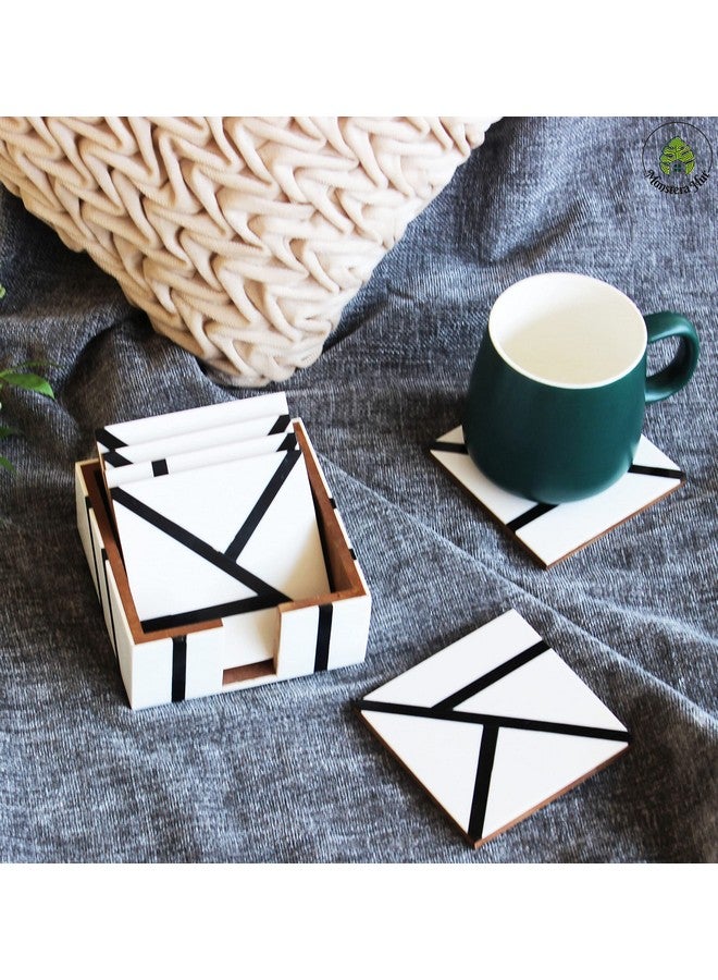 Monstera Hut Monstera Hut ® Square Shape Wooden & Resin Coaster | White Coaster for Tea, Coffee Table & Dining Table Set of 6 with Holder - Image 1