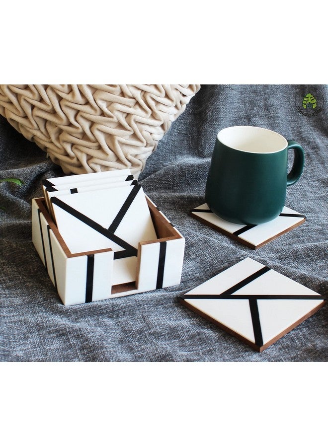 Monstera Hut Monstera Hut ® Square Shape Wooden & Resin Coaster | White Coaster for Tea, Coffee Table & Dining Table Set of 6 with Holder - Image 5